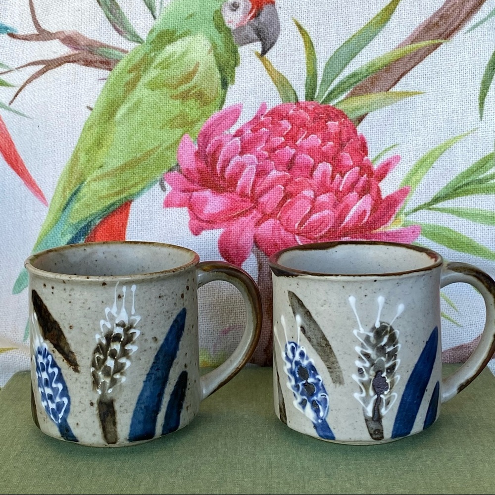 Pair Mugs Folk Art Pottery Cottagecore Stoneware